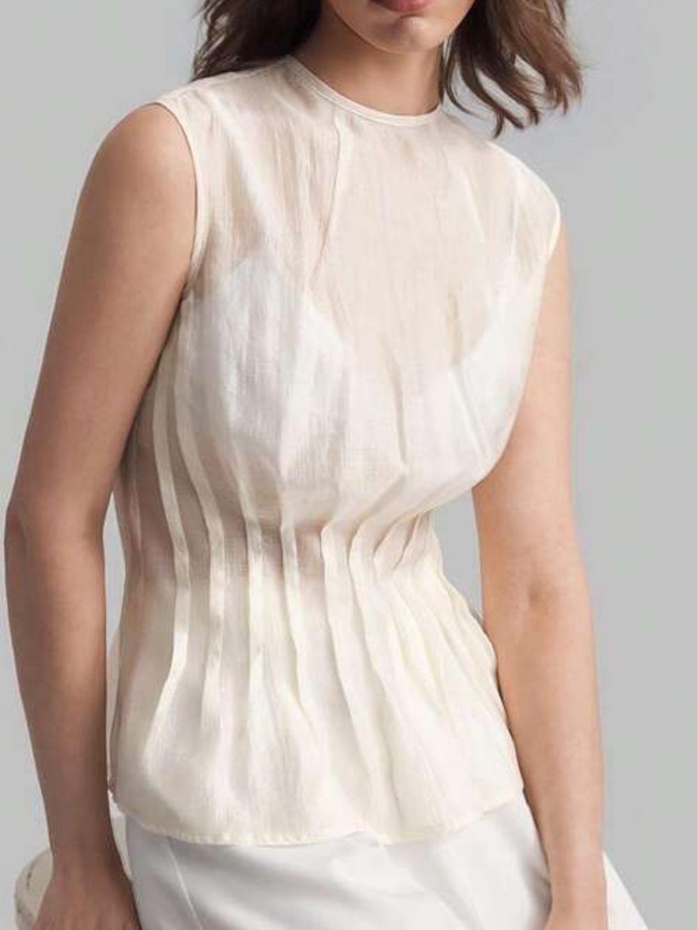 Organza semi sheer Ivory Cream Pleated Women's Top - Picture 4 of 7
